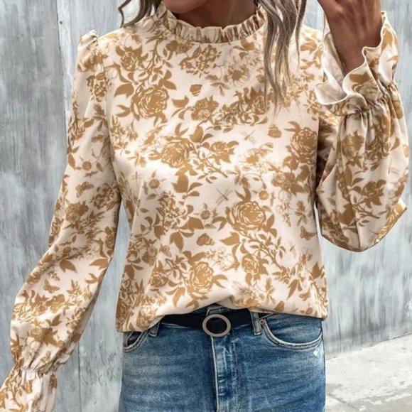 Boho floral long flounced sleeved  Blouse top tan - Picture 4 of 6